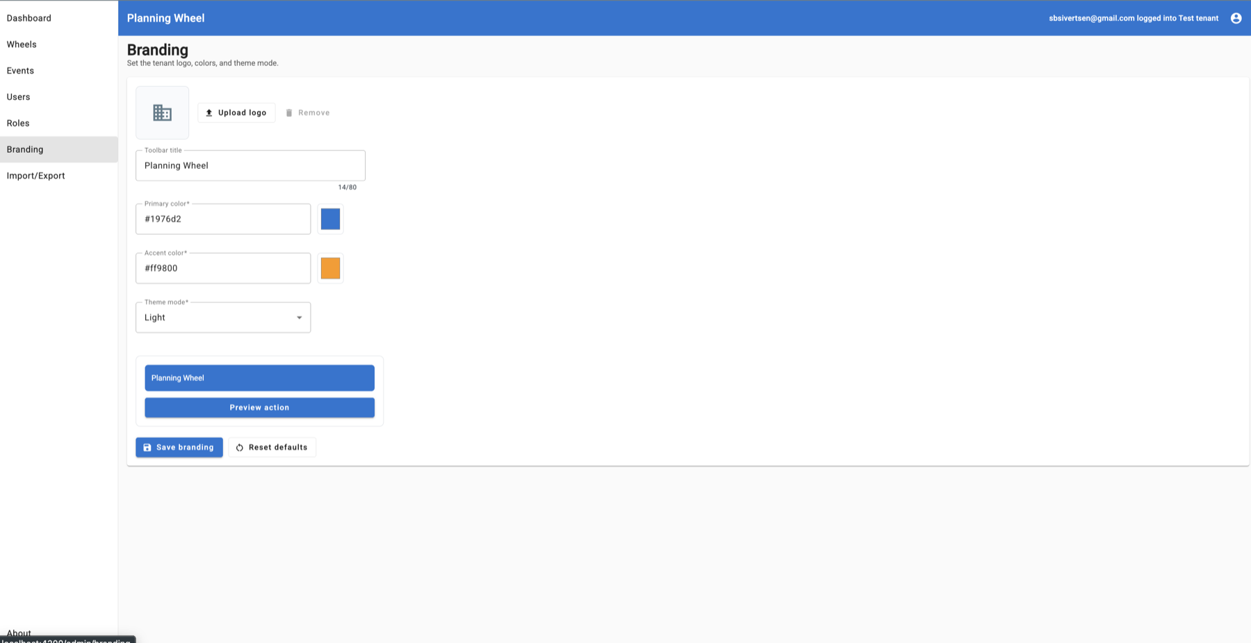 PlanningWheel branding screen with tenant name, logo upload, and primary color setting.