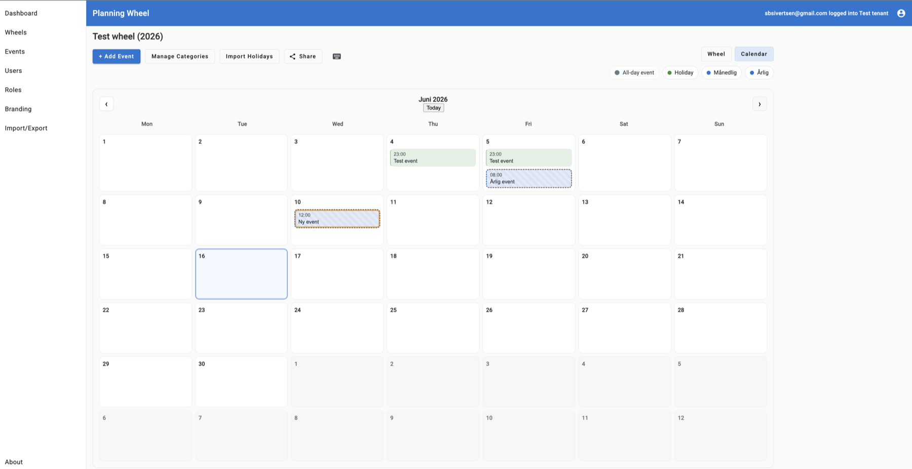 PlanningWheel calendar view showing a monthly planning grid, category filters, and event details.