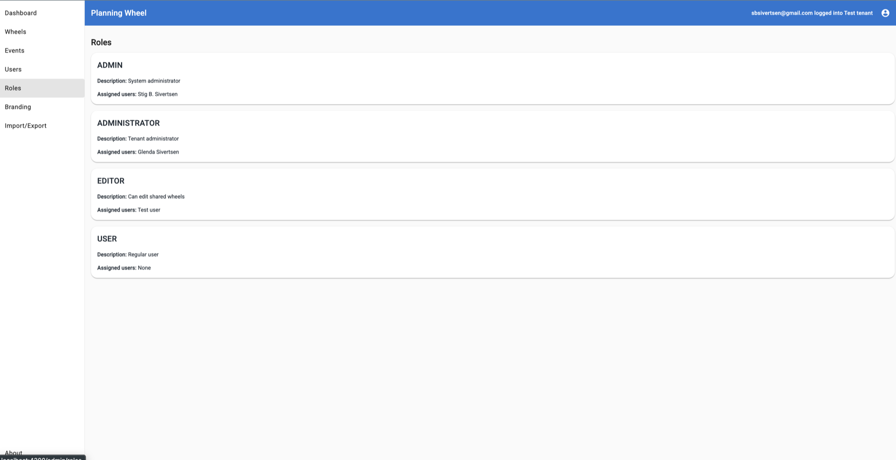 PlanningWheel roles screen listing admin, administrator, editor, and user roles with descriptions and assigned users.