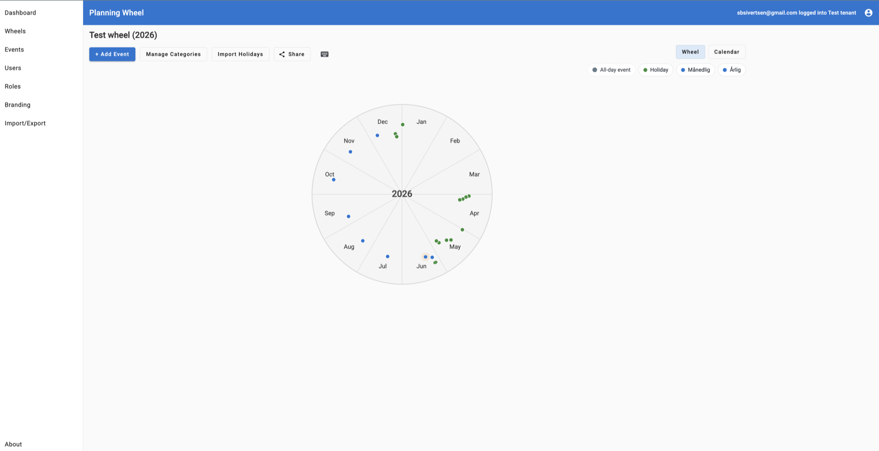 PlanningWheel annual wheel view showing events placed around the year with category filters and event details.